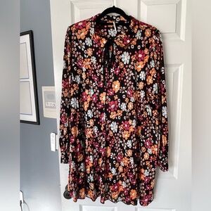 Free People Floral Long Sleeve Dress - Black, Orange, Pink, White